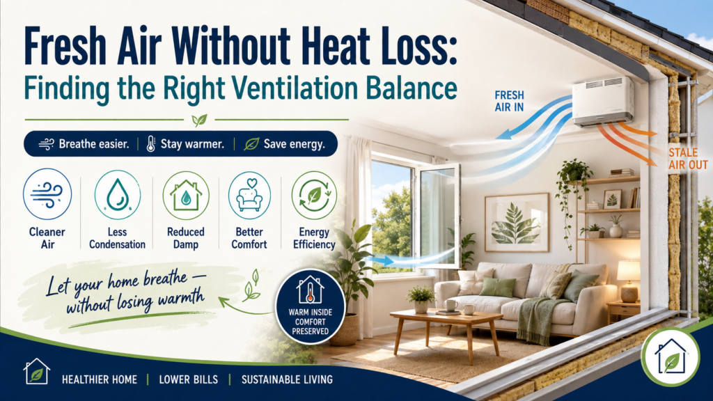 Maintaining fresh air without heat loss is an important part of creating a comfortable, healthy, and energy-efficient home. Good ventilation allows stale air, moisture, and indoor pollutants to escape while bringing fresh air inside. However, poor ventilation choices can lead to unnecessary heat loss and higher energy bills. Finding the right balance helps your home stay fresh, warm, and efficient throughout the year. Why Fresh Air Without Heat Loss Matters A well-ventilated home needs a balance between clean airflow and energy efficiency. Fresh air without heat loss means allowing your home to breathe while preventing valuable warmth from escaping. Proper ventilation reduces condensation, improves indoor air quality, and helps maintain a comfortable temperature without making your heating system work harder. Improve Home Ventilation While Reducing Heat Loss Many homeowners worry that opening windows or increasing airflow will make their homes colder. The key is using effective ventilation methods that remove stale air without wasting energy. Modern ventilation solutions, such as controlled ventilation systems, help maintain fresh air circulation while keeping heat inside your home. Use Energy-Efficient Ventilation Solutions Choosing the right ventilation system can help achieve fresh air without heat loss by improving airflow efficiency. Extractor fans, trickle vents, and heat recovery ventilation systems allow moisture and pollutants to leave while reducing unnecessary heat escape. These solutions support a healthier indoor environment and better energy performance. Prevent Moisture Problems with Better Airflow Poor ventilation can cause condensation, damp patches, and mould growth when moisture becomes trapped indoors. Maintaining fresh air without heat loss helps control humidity levels while protecting your property from moisture damage. Balanced airflow keeps rooms fresher and creates a healthier living space. Balance Insulation and Ventilation for a Warmer Home Good insulation and proper ventilation work together to improve home comfort. While insulation helps keep heat inside, ventilation removes excess moisture and stale air. Combining both solutions allows homeowners to enjoy fresh indoor air while maintaining warmth and reducing energy waste. Create a Comfortable Home with Fresh Air Without Heat Loss Finding the right ventilation balance is essential for a modern, energy-efficient home. By using smart ventilation methods, improving airflow, and reducing unnecessary heat escape, you can enjoy fresh air without heat loss throughout the year. A balanced home environment provides better comfort, healthier air quality, and improved energy efficiency.